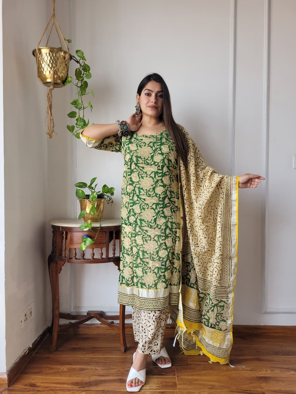 Green Bagru Hand Block Printed Linen Suit Set